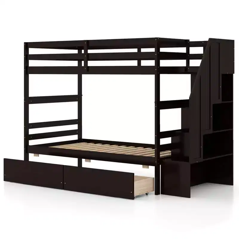 Twin Over Twin Bunk Bed with Storage Stairs & Drawers Full-length Guardrails White/Gray/Brown