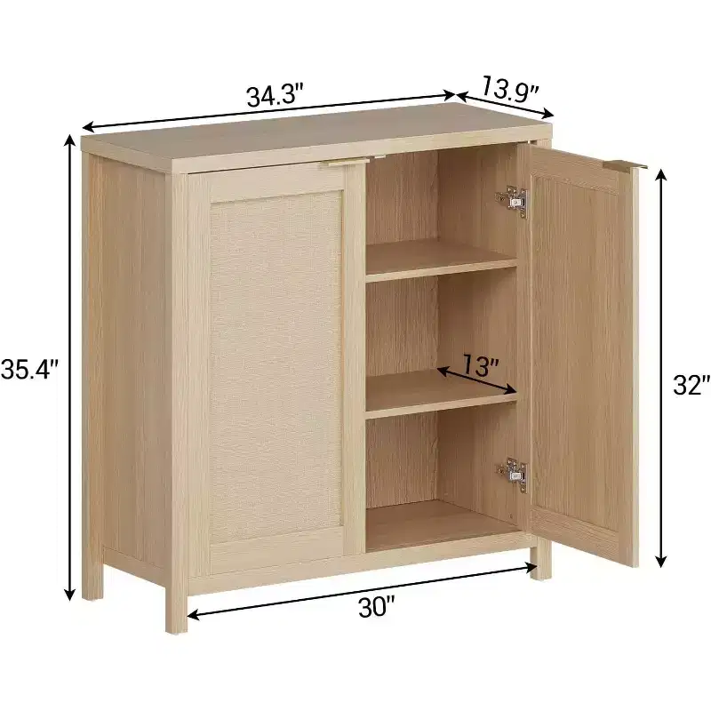 Freestanding Rattan Storage Cabinet with Doors & Adjustable Shelves, Modern Sideboard Buffet Cabinet for Living Room, Natural