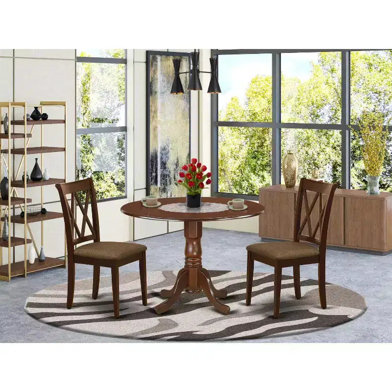HomeStock Belmont 3Pc Dinette Set Includes a Rounded Kitchen Table with Drop Leaves and Two Double X Back Linen Seat Dining Chairs, Mahogany Finish