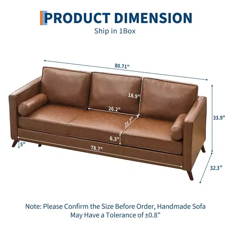 GustoWave 80'' Mid-Century Modern Couch, 3-Seat Faux Leather Sofa with Upholstered Cushions/Pillows for Living Room, Brown