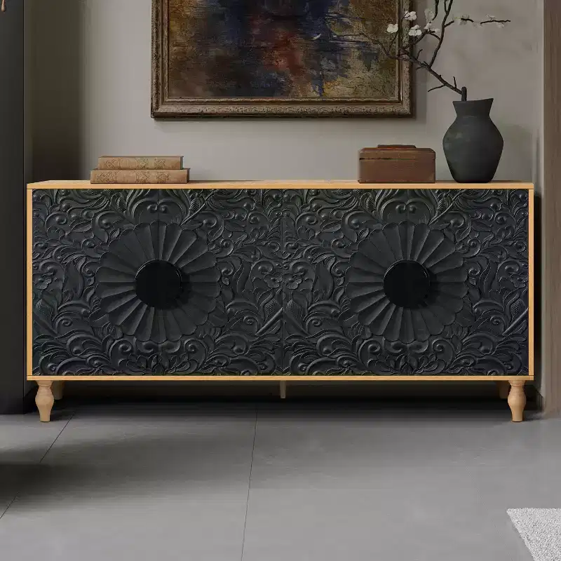Freestanding Sideboard Buffet Cabinet with Carved Flower Doors & Metal Handles - 63