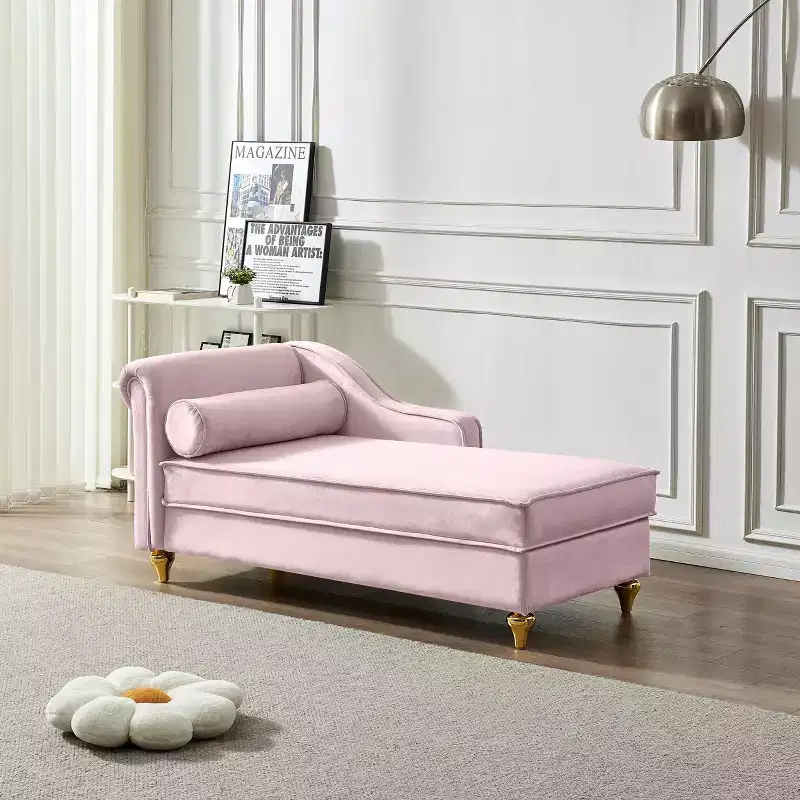 MAYEERTY Velvet Chaise Lounge Sofa with Gold Metal Legs Round Pillow for Living Room Pink