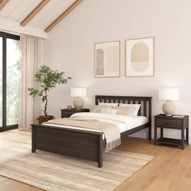 Plank+Beam Classic Solid Wood Full Size Bed Frame with Headboard for Adults
