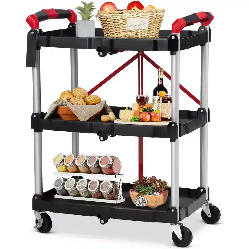 Folding Collapsible Service Cart, 3-Tier Portable Utility Rolling Cart, 56 Lb. Load Capacity per Shelf, with Wheels and Ergonomic Handle