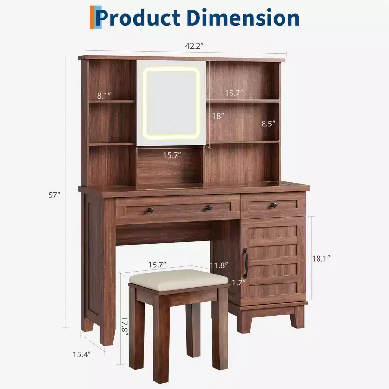 Makeup Vanity Desk with Mirror & 3-Light Modes - Wooden Dressing Table with Glass Top, Power Outlet & 2 Drawers for Bedroom