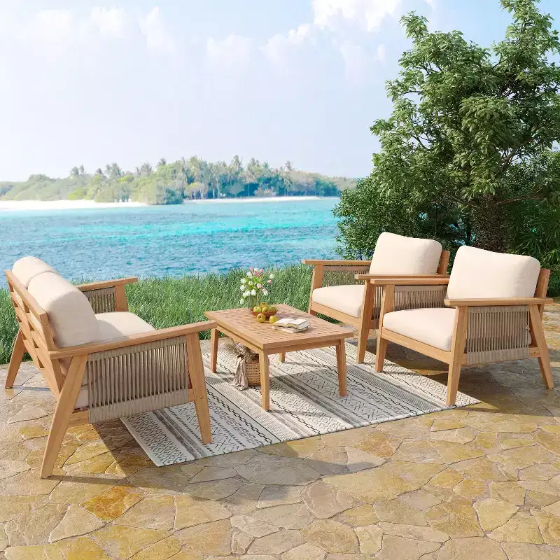Christopher Knight Home Tariq Outdoor 4 Pieces Rustic Acacia Wood and Rope Seating Set with Cushion