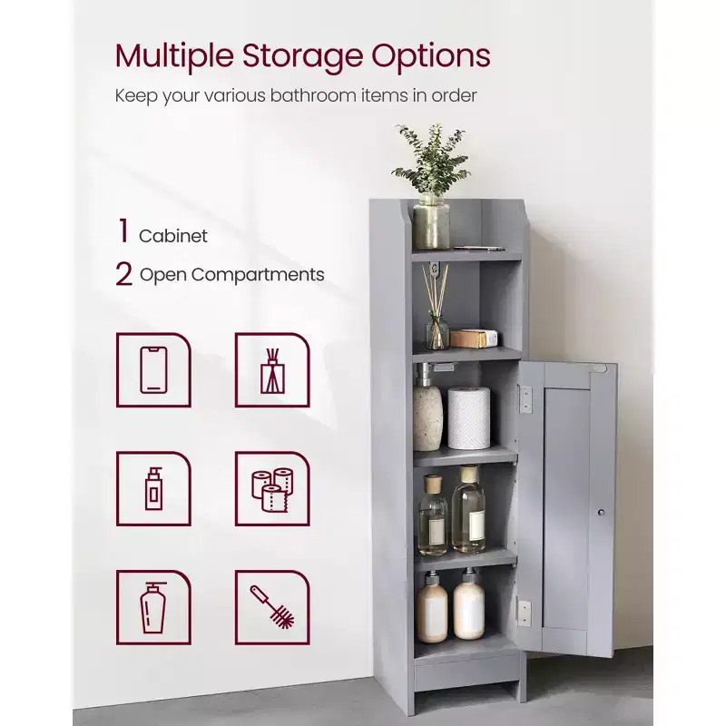 Dove Gray / White Freestanding Narrow Bathroom Floor Cabinet with Door, 4 Shelves, Single-User