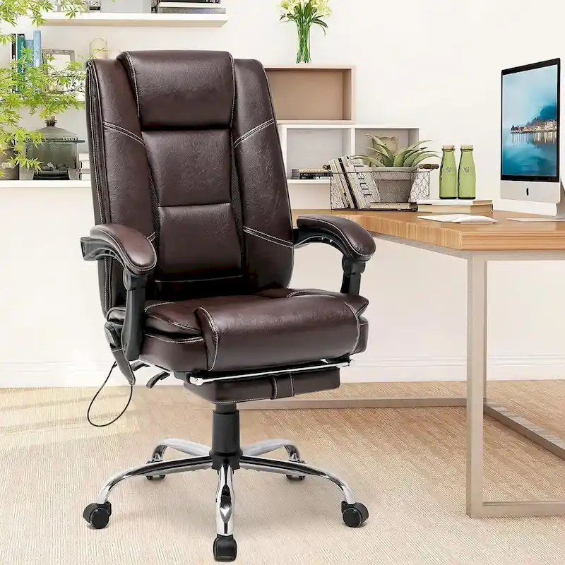 Ergonomic Heated Executive Office Chair, 2/4/6-Point Massage, Retractable Footrest, PU Leather