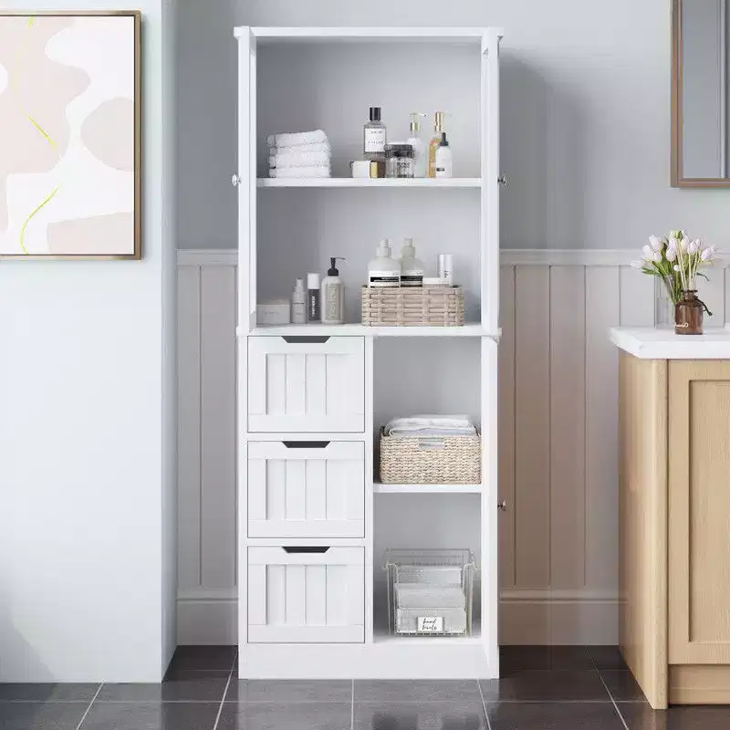 58in.H Bathroom Cabinet 3 Doors 3 Drawers 4 Tiers With Verticals Modern Style