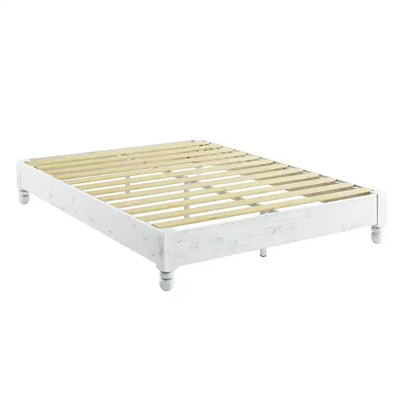 Tall Full Size Rustic Solid Pine Platform Bed Frame, Whitewashed, 12 Slats