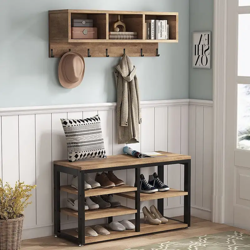 Entryway Coat Rack Shoe Bench Set, Industrial Hall Tree Coat Shoe Rack