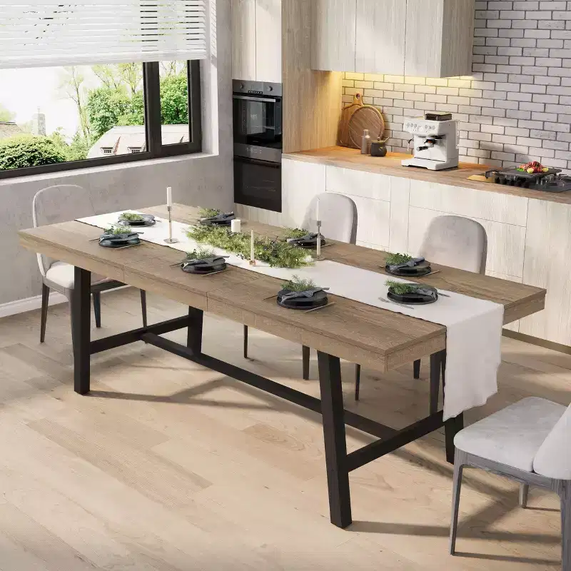 63-83 Extendable Dining Table, Industrial Rectangular Dining Room Table for 6-8 People, Expandable Kitchen Table with Heavy Duty Metal Frame