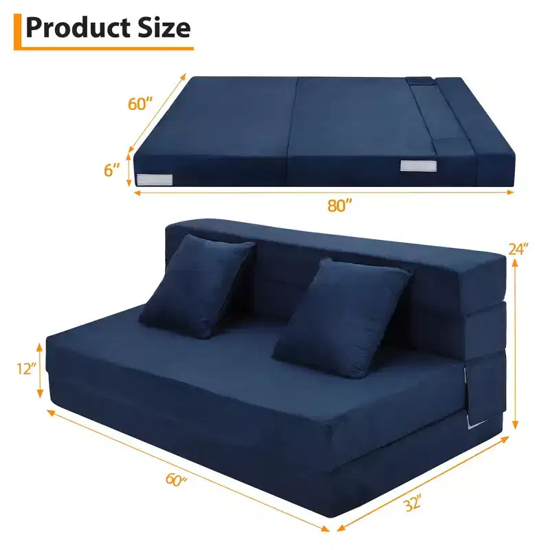 80 Folding Sofa Bed with Pillows, Convertible Sleeper Chair for Adults, Memory Foam Floor Couch Futon for Compact Living Room