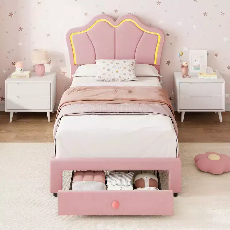 Twin Size Bed Frame with Storage Drawer & LED Lights, Velvet Upholstered Platform Bed Frame with Headboard for Kids Girls, Wooden Slats Support