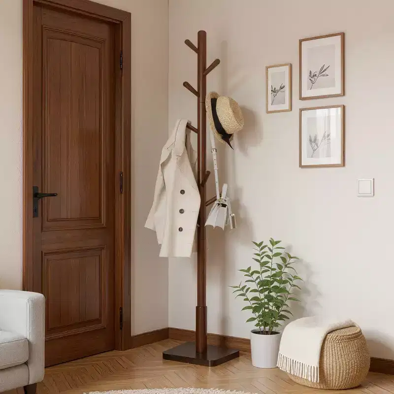 Freestanding Coat Rack with 8 Hooks and 3 Height Settings, Rubberwood