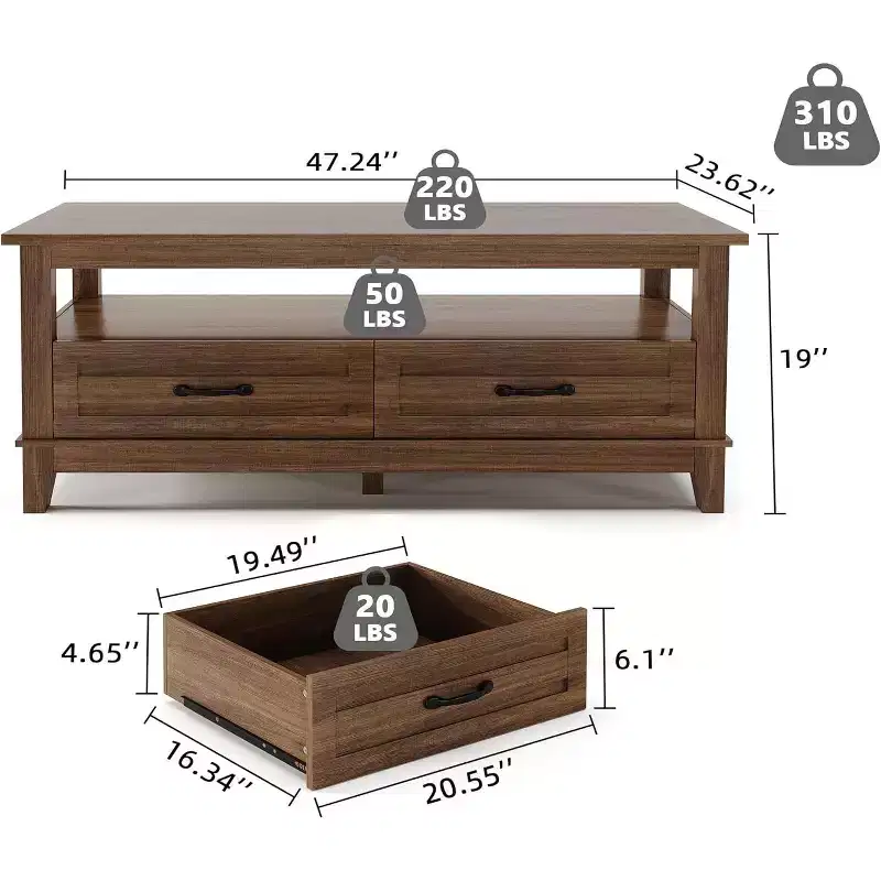 Coffee Table with Drawers, 47.2 Rustic Center Table with Open Shelf and 6 Support Legs, Large Living Room Table with Storage