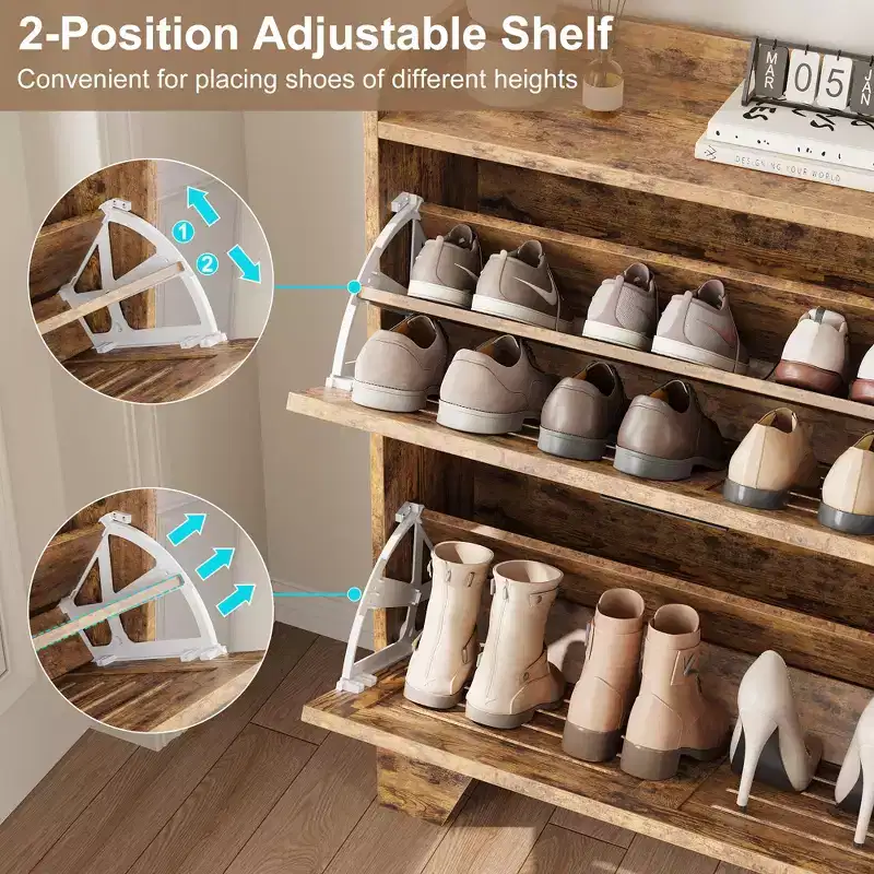 Shoe Cabinet, 2-Tier Flip Down Narrow Shoe Rack with Hooks, Farmhouse Slim Entryway Organizer for Small Spaces