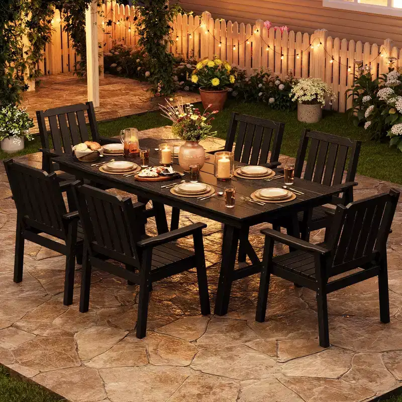 Garvee Outdoor Patio Dining Table Set for 6, 7 Piece HDPE Dining Tables Set with Umbrella Hole, Aluminum Frame, All-Weather 6 Garden Dining Chairs