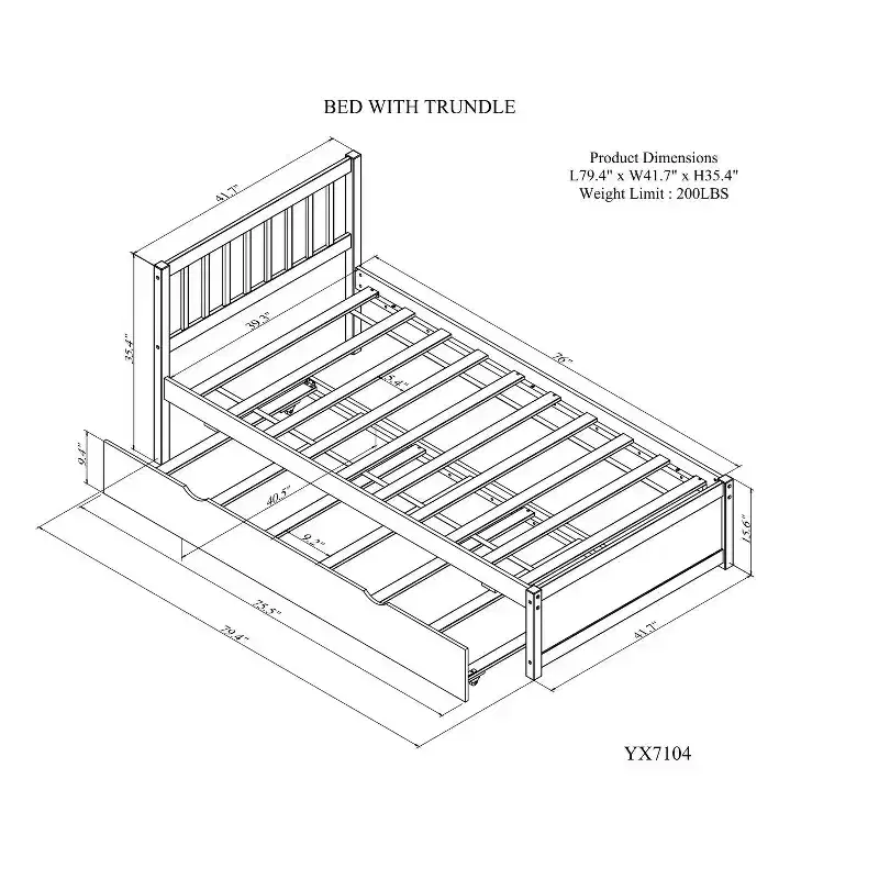 Twin Size Bed Frame with Trundle,Wood Platform Bed with Headboard,Twin Bed Frames for Kids,Teens,Adults,No Spring Needed, White Washed