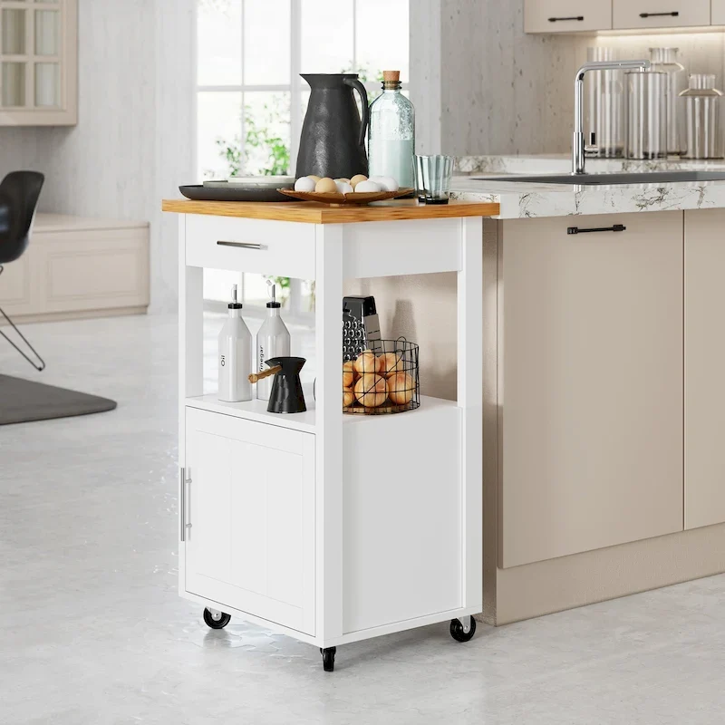 Kitchen Island Cart with Storage, Rolling Side Table on Wheels with Worktop