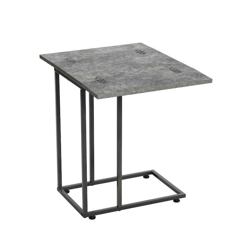 C-Shape Side Table, Faux Stone Top, Black Frame, Space-Saving Design