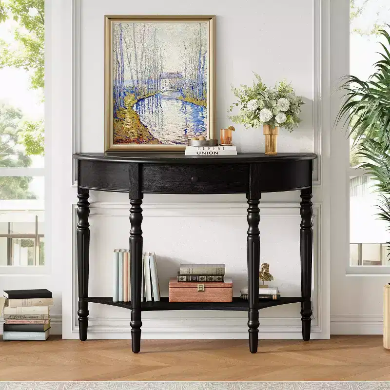 39 French Country Half Moon Console Table, Farmhouse Demilune Entryway Table with Drawer & Storage Shelf - Panipeachy