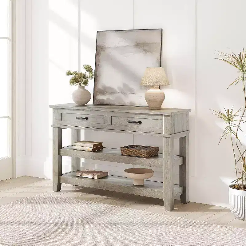 47.2 2 Tier Entryway Console Table with 2 Storage Drawers, 3 Tier Farmhouse Wooden Sofa Table, for Entryway, Living Room