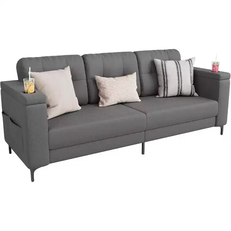 Acekool Modern Sofa Bed, 3-Seat Couch with Storage Armrests, Side Pockets & Cup Holder, Upholstered Sleeper for Living Room or Apartment