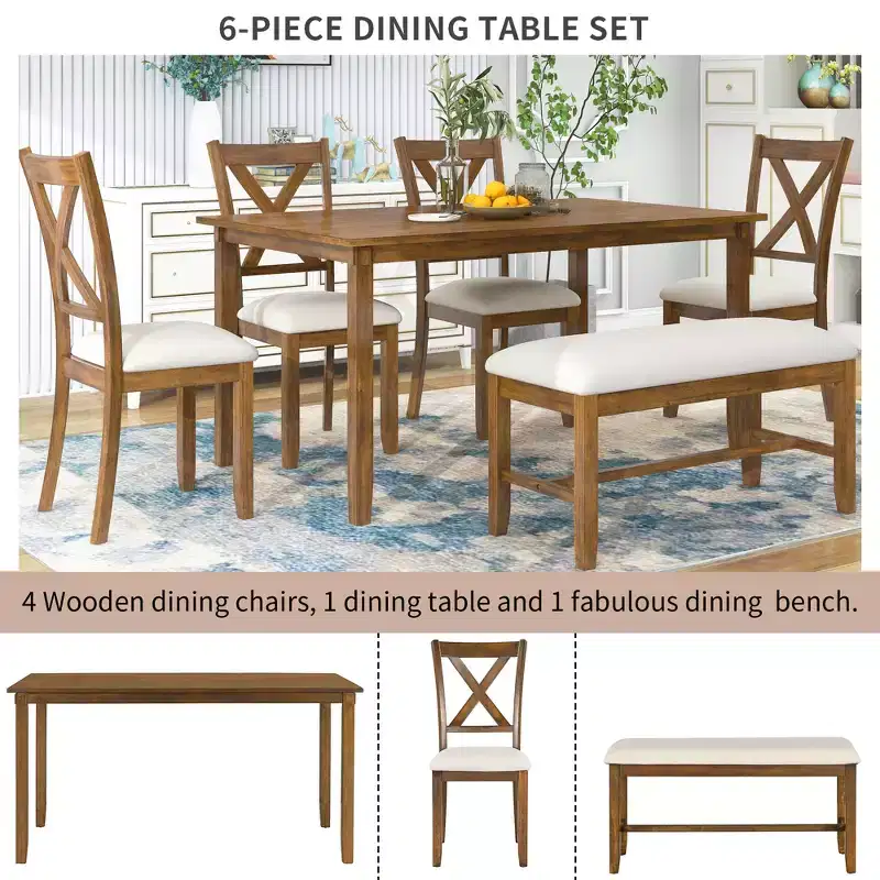Whisen 6-Piece Wooden Rectangular Kitchen Dining Table Set with 4 Fabric Chairs and Bench