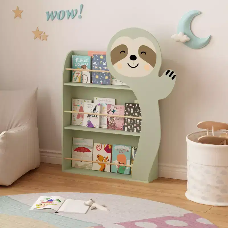 Sloth Kids Bookshelf, Front-Facing Toddler Book Display Rack with 3 Tiers, Cute Animal Design, Wooden Nursery Bookshelf for Playroom