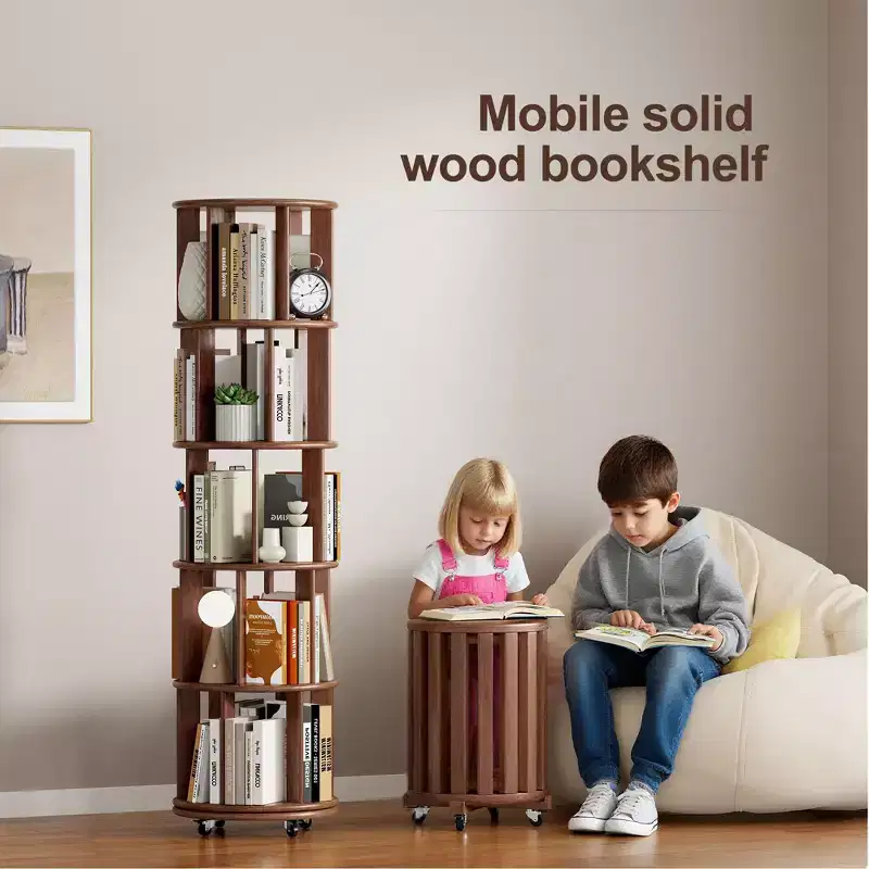 360° Rotating Bookshelf with Wheels, 5-Tier Solid Wood Narrow Bookcase, Walnut