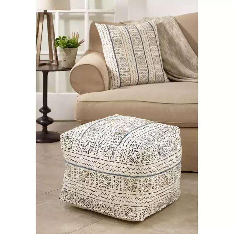 Abstract Design Mudcloth Floor Pouf, White, 20x20x14