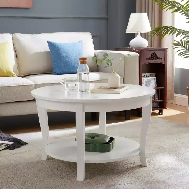 2-Tier Round Coffee Table with Open Shelf for Living Room