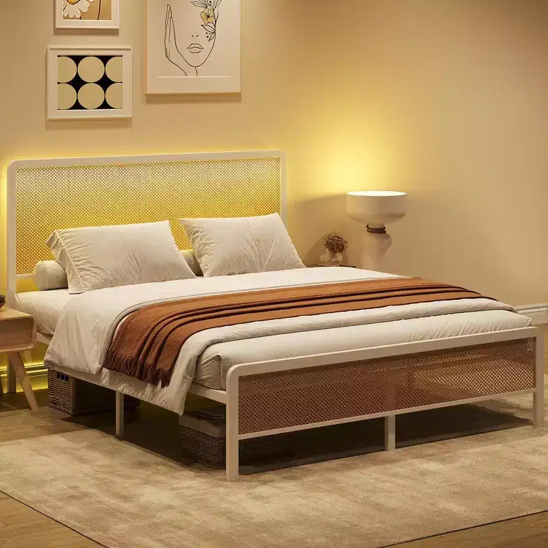 Whizmax Rattan Bed Frame with Led Light Headboard, Bohemian Style Cane Boho Bed Frames with Heavy Duty Steel Slat Support, No Box Spring Needed, White