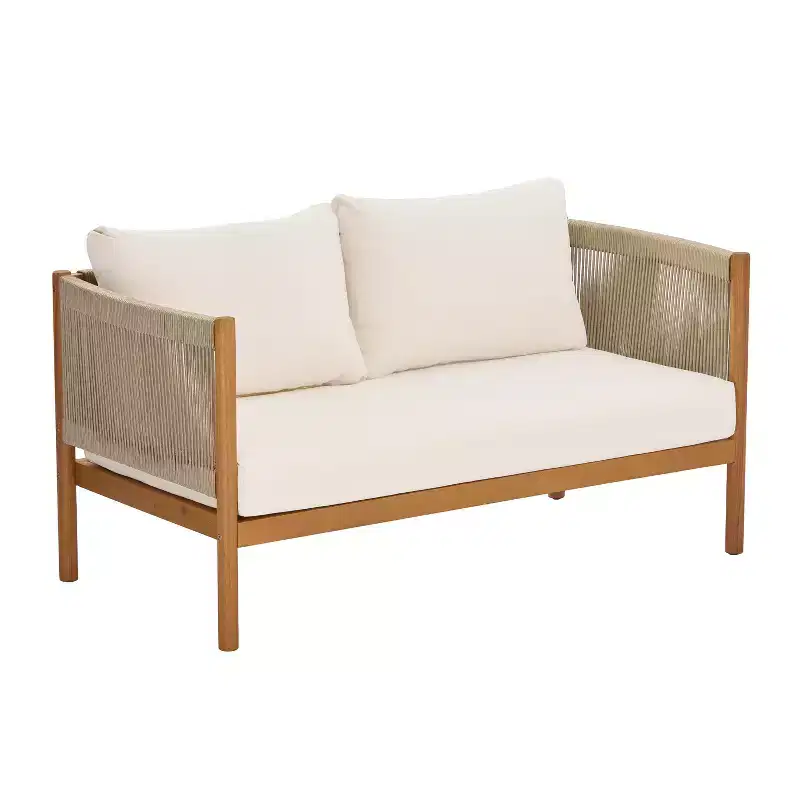 Christopher Knight Home Bradley Patio Modern Acacia Wood 2-Piece Loveseat and Coffee Table Set with Woven Rope Panels and Cushions