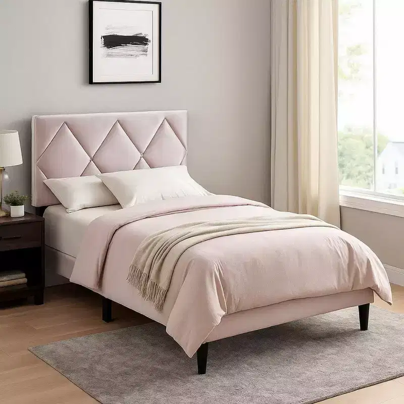 Full Bed with Tufted Light Pink Velvet Upholstery & Diamond Stitch Headboard