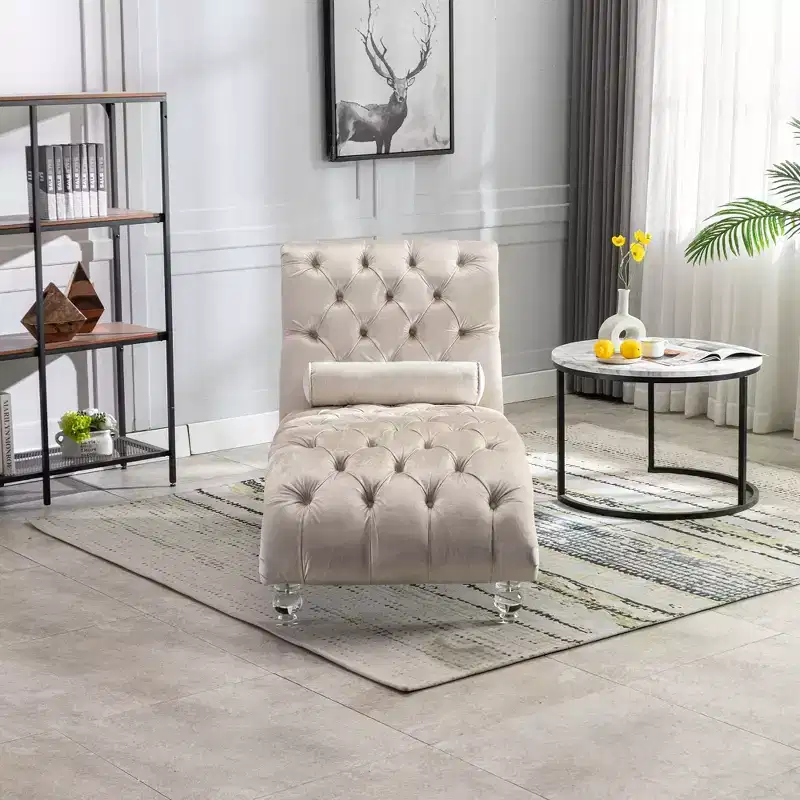 Okak Luxurious Velvet Button Tufted Chaise Lounge Chair with Transparent Feet,Comfy Upholstered Accent Chair for Bedroom,Living Room,Office