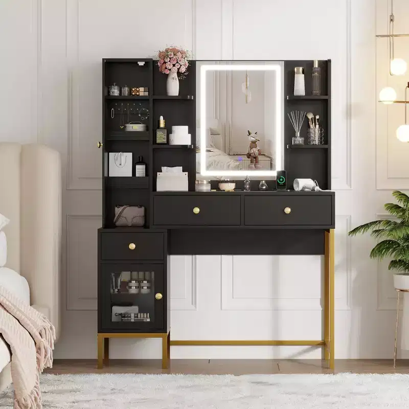 Makeup Vanity with Lighted Mirror, Vanity Desk with Lights in 3 Colors, White Vanity Table with Charging Station, Visible Cabinet with Led Lights