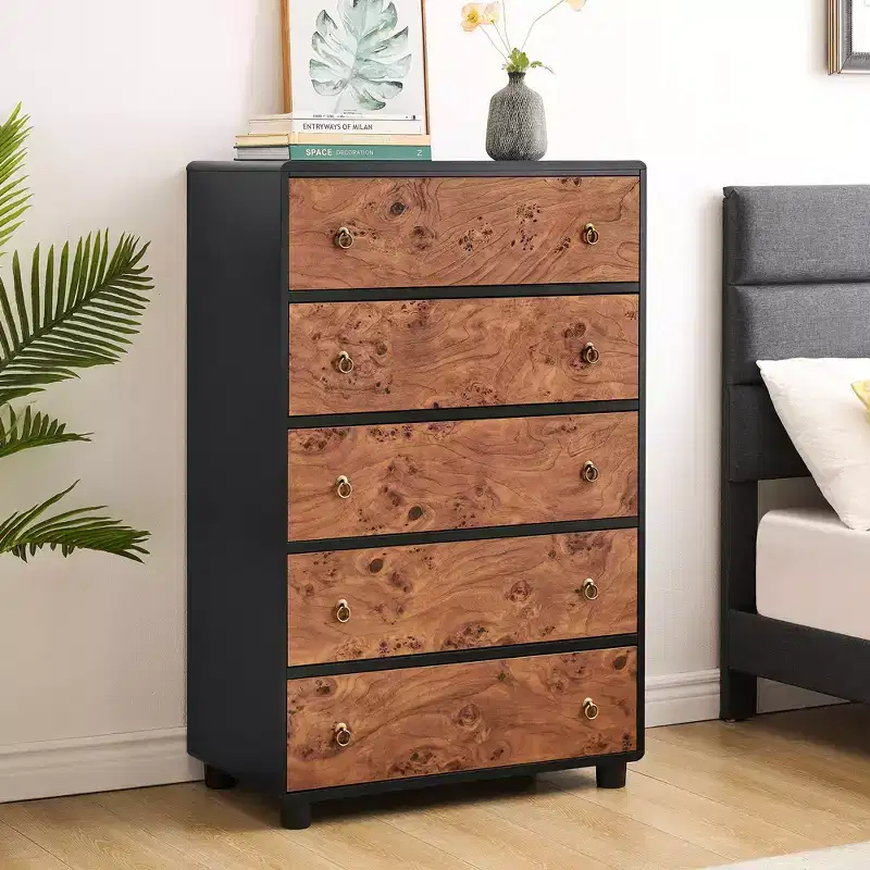 Natural Oak Wood 5-Drawer Dresser, Chest with Curved Design & Vintage Round Knobs, Multi-Room Storage