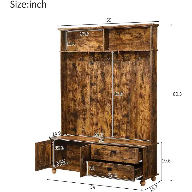 Modern Hall Tree With Storage Bench, Entryway Coat Rack With 5 Hooks & 2 Large Drawers, Rustic Brown Shoe Cabinet for Mudroom, Living Room, Bedroom