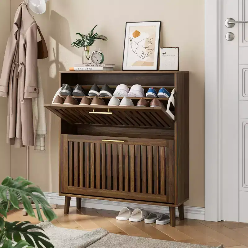 JVNOXK 31.5-inch Walnut Slatted Shoe Cabinet, Mid-Century Modern Freestanding Design with 2 Flip-Top Drawers, Ideal for Hallways