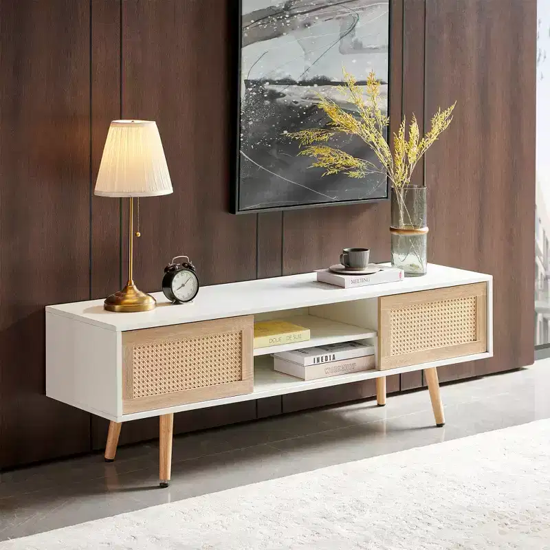 JVNOXK 55.12 Rattan TV cabinet, double sliding doors for storage, adjustable shelf, solid wood legs, TV console for living room , White