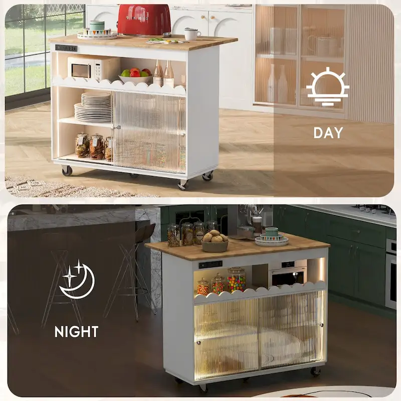 44 in. W Kitchen Island Rubberwood Drop-Leaf Countertop on 5 Wheels with Open Shelf and Wine Rack - 44
