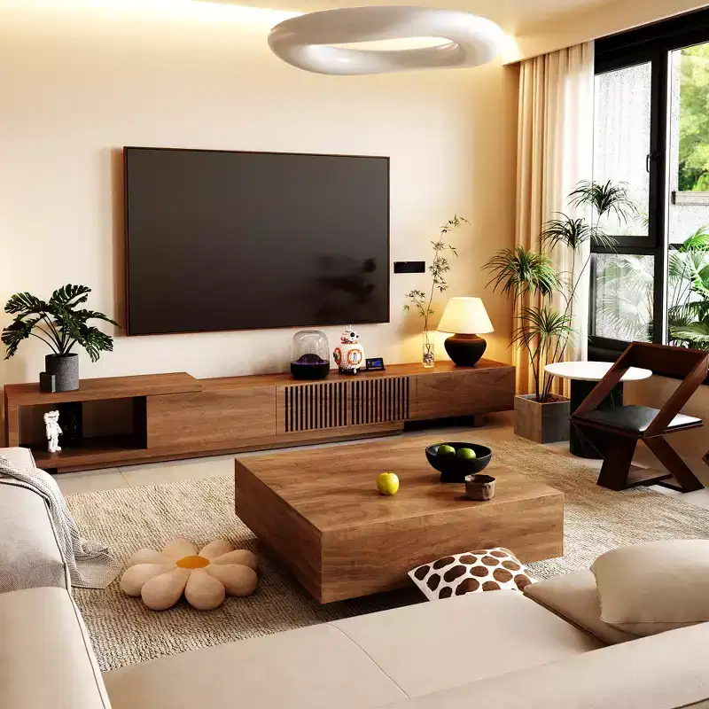 78.54in expandable stand with 2 drawers, 2 cabinet doors, one storage, maximum 120 inches/Walnut color&Modern
