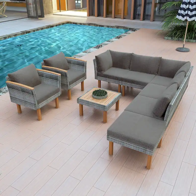 9-Piece Patio Rattan Conversation Set with Coffee Table & Washable Cushion