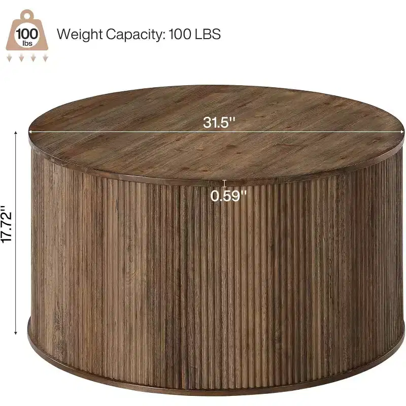31.5 Round Coffee Table, Fluted Drum Base with Wooden Grain Veneer Top, Modern Center Table for Living Room, Office, Small Space