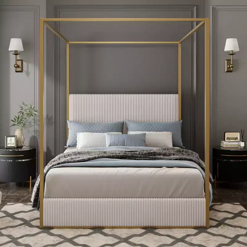 Queen/King Size Canopy Bed Metal 4-Poster Bed Frame with Tall Corduroy Upholstered Headboard, Beige+Gold/Black+White-ModernLuxe