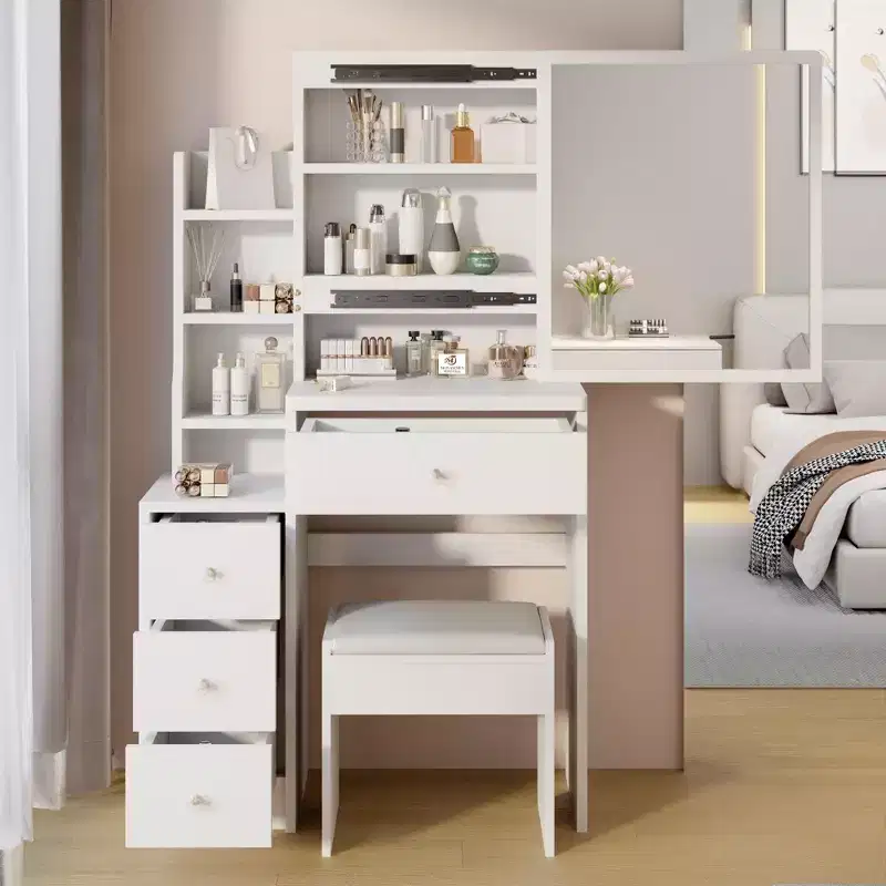 Space-Saving Vanity Desk with Cushioned Stool and Sliding Mirror, White