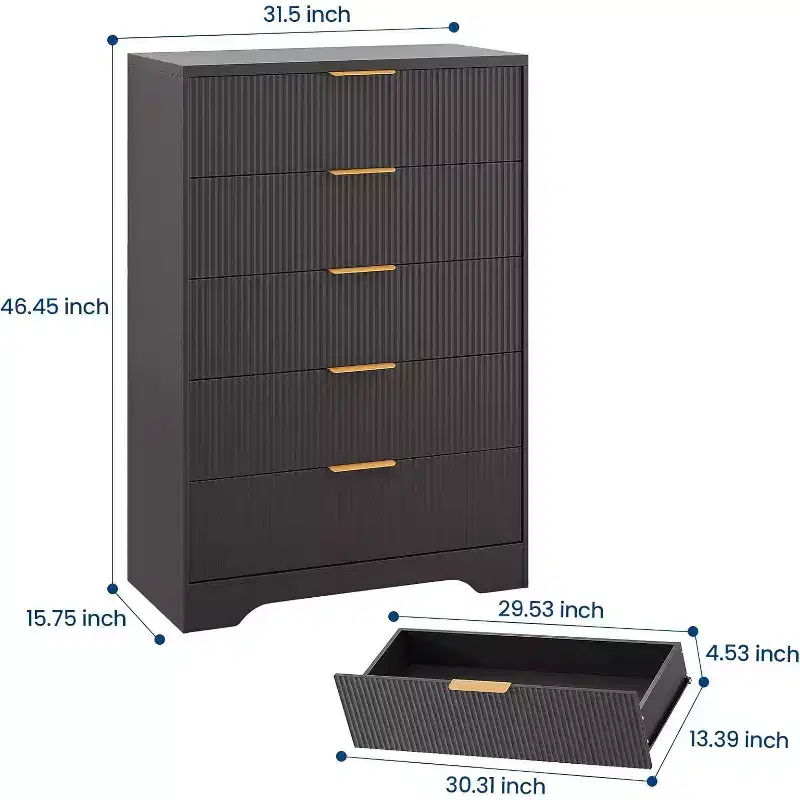5 Drawers Tall Dresser, Modern Wood Chest of Drawers with Smooth Slides & Gold Metal Handles, 31.5 Storage Cabinet for Bedroom,Living Room,Entryway