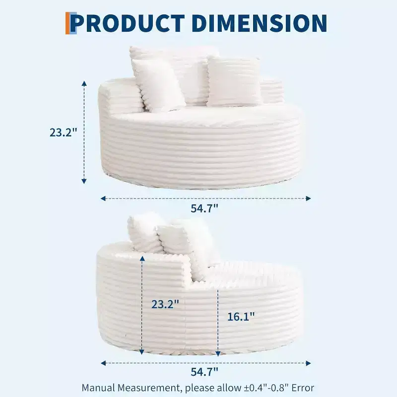 Round Chaise Chair, Indoor 55x55 Inch Modern Couch Single Sofa with 4 Pillows, Deep Seat for Home Office